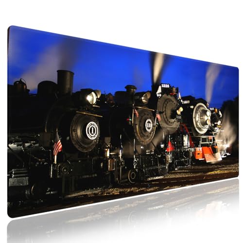 Antique Steam Trains Large Mouse Pad, Vintage Steam Locomotive Desk Mat | Keyboard Mat Stitched, 31.5" x 11.8", Old Railroad Steam Engines, Blue Twilight Sky Railway Print, Man Cave, Anti-Slip - color: Vibrant Design J17K