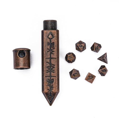 Mini Dice Set with Rune Keychain Case,7PCS Polyhedral Metal Dice Set for DND Role Playing Games(Red Copper) - color: Red Copper