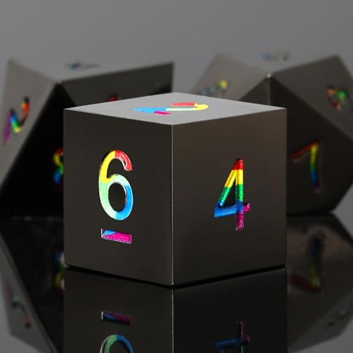Rainbow Numbers Metal Dice Set 7PCS for DND RPG Tabletop Gaming | Solid zinc alloy build with 150g weight for balanced rolls(Black with Iridescent Number) - color: Black With Iridescent Number