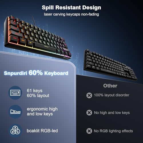 Snpurdiri 60% Wired Gaming Keyboard, 61 Keys RGB (Black) | Backlit Ultra-Compact Mini Gaming Keyboard for PC/Mac Gamer, Typist, Travel, Easy to Carry on Business Trip - color: Black