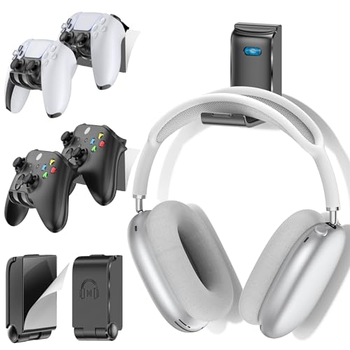 Gaming Accessories Controller & Headphone Stand, Wall Mount Holder for 4 Remotes & Foldable Headset Stand, Universal Wall-friendly Game Controller Holder Hanger Hook for Xbox, PS5/4, Nintendo, Black