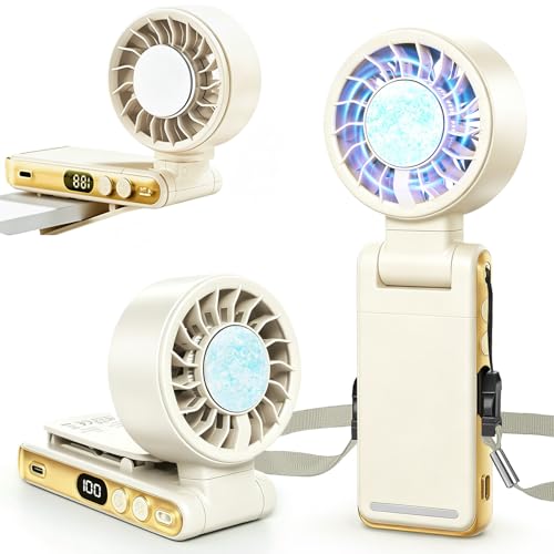 Handheld Portable Turbo Fan with Ice Cooling,5 Speed Rechargeable LED Display Foldable Hand Held Personal Clip/Neck/Waist Fan,180°& 360° Adjustable,Pocket Mini Fan for Outdoor/Home/Office (Khaki) - color: Khaki