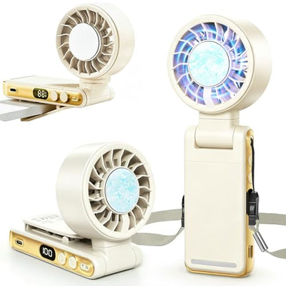 Handheld Portable Turbo Fan with Ice Cooling,5 Speed Rechargeable LED Display Foldable Hand Held Personal Clip/Neck/Waist Fan,180°& 360° Adjustable,Pocket Mini Fan for Outdoor/Home/Office (Khaki) - color: Khaki
