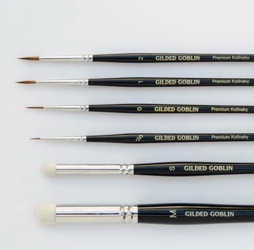 Kolinsky Sable Miniature Paint Brush Set – 6 Detail & Dry Brushes for Miniature Painting, Warhammer, D&D, Model Painting, Acrylics – Professional Fine Tip Brushes by Gilded Goblin Tools & Crafts