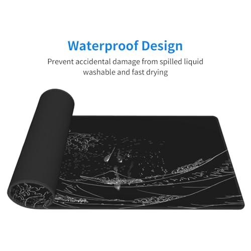 Japanese Sea Wave Large Mouse Pad, Anime Black Gaming, Extended Kanagawa Mat Desk Pad, 3mm Thick Long Non-Slip Rubber Base Mice Pad, 31.5 X 11.8 Inch - color: Japanese Sea Wave