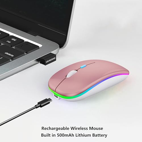 WREANU Wireless Bluetooth Mouse Rechargeable Laptop Mice with LED Lights Silent Slim Use(BT5.2 & 2.4G Portable USB) Dual Mode Computer Mouse for Laptop/iPad/Tablet/Apple/Computer/Mac(Rose Gold) - color: Rose Gold Wireless Bluetooth Mouse