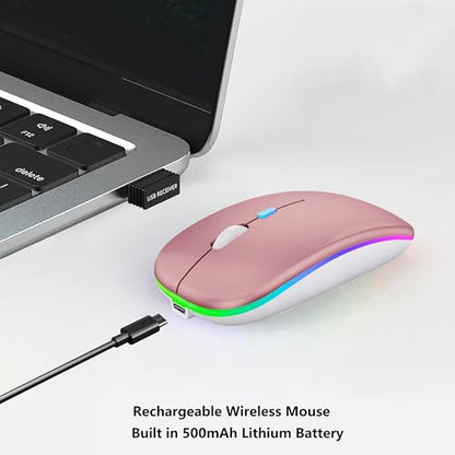 WREANU Wireless Bluetooth Mouse Rechargeable Laptop Mice with LED Lights Silent Slim Use(BT5.2 & 2.4G Portable USB) Dual Mode Computer Mouse for Laptop/iPad/Tablet/Apple/Computer/Mac(Rose Gold) - color: Rose Gold Wireless Bluetooth Mouse