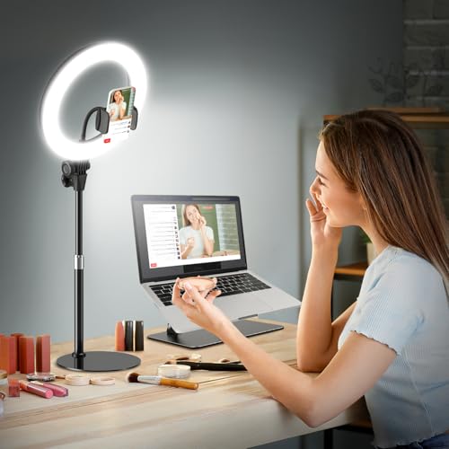 10'' Desk Ring Light with Stand – Zoom Lighting with Phone Holder for Computer・Video Calls・Conference – CRI95 LED Adjustable Circle Light, 10'' Large Lamp Head, Content Creator Friendly - color: Black
