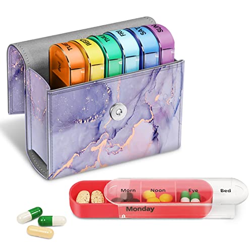 FINPAC Weekly Pill Organizers 4 Times A Day, Slide Open PU Leather Case Travel Pill Vitamin Medicine Reminder and Planner with Name Card for Morning| Afternoon| Evening| Bedtime (Lilac Marble) - color: Lilac Marble