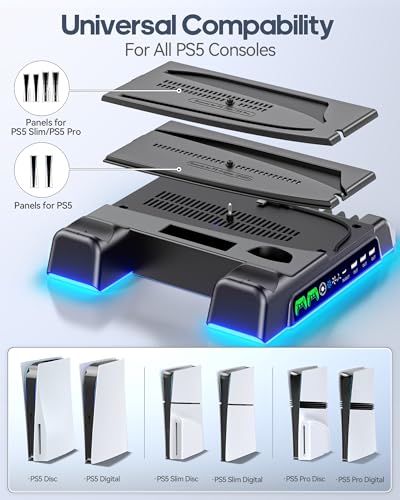PS5/Slim/Pro Stand and Cooling Station with LED Controller Charging Station for PlayStation 5 Console, Controller Charger, Cooling Stand, PS5/Slim/Pro Accessories Kit with 3 Level Cooling Fan - Black - color: Black