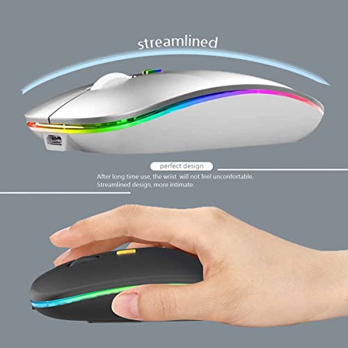 WREANU Wireless Bluetooth Mouse Rechargeable Laptop Mice with LED Lights Silent Slim Use(BT5.2 and 2.4G Portable USB Receiver)Dual Mode Computer Mouse for Laptop/iPad/Tablet/Apple/Computer/Mac(Silver) - color: Silver Wireless Bluetooth Mouse