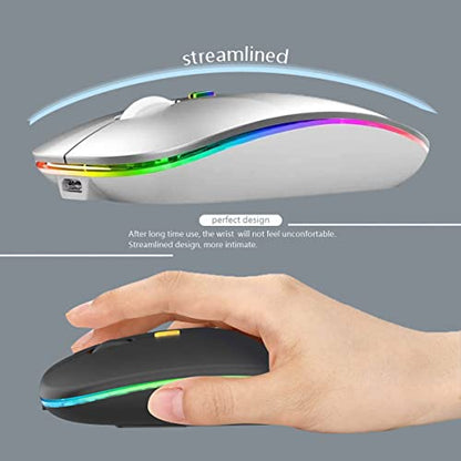 WREANU Wireless Bluetooth Mouse Rechargeable Laptop Mice with LED Lights Silent Slim Use(BT5.2 and 2.4G Portable USB Receiver)Dual Mode Computer Mouse for Laptop/iPad/Tablet/Apple/Computer/Mac(Silver) - color: Silver Wireless Bluetooth Mouse