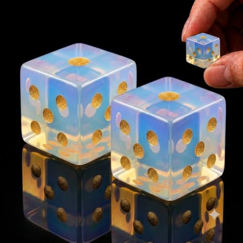 2PCS Crystal D6 Dice, 16mm Natural Gemstone Mahjong Dice Set Stone Dice for Games, Accessories, Tabletop Board Games, Casino Games, Craps, DIY Crafts, Spiritual Decor and Home Decor - color: D6-opal