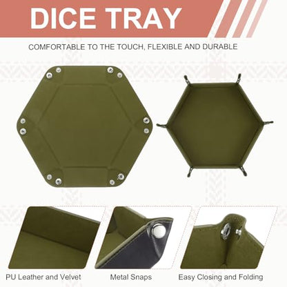 Dice Tray 10" PU Leather Velvet Folding Hexagon Dice Rolling Tray Holder Storage Box Perfect for RPG DND Table Games & Entryway & Nightstand Organizer (Dark Green, 2pcs) - color: Dark Green
