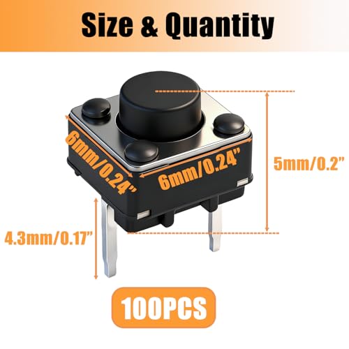 TWTADE 100Pcs Micro Momentary Tactile Push Button Switch 6x6x5mm 2 Pin Tact Switch Assortment Kit - color: Black-2 Pin 6x6x5mm