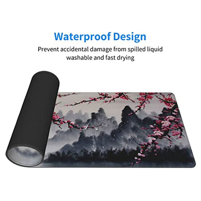 Japanese Sakura Watercolor Painting Extended Mouse Pad 31.5x11.8 Inch Cherry Blossom Flower Non-Slip Rubber Base Mousepad Stitched Edges Keyboard Mouse Mat with Stitched Edges for Gaming and Office - color: Cherry Blossom 2