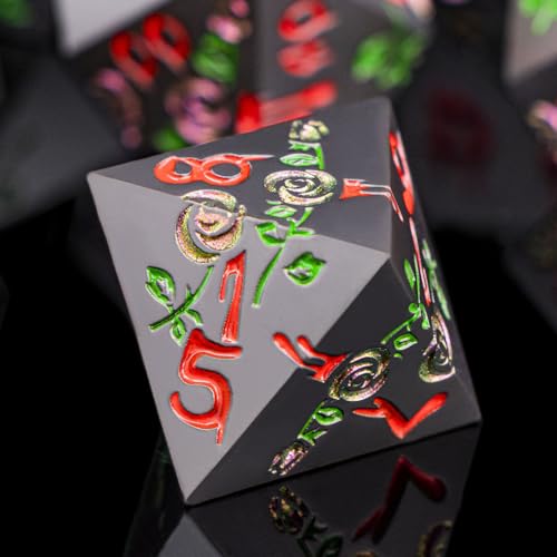 Gothic DND Dice Set Bleeding Rose Metal D and D Dice for use with Dungeons Dragons D&D Role Playing Game, Purple Red RPG Blood Polyhedral Dice Set D20 D12 D10 D8 D6 D4 - color: Purple Red&black&red Numbers