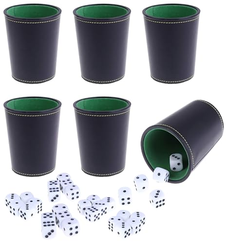 Leather Dice Cup, Quite Felt-Lined Interior, 6 Shaker Cups and 30 Dot Dices, one Carry Bag (Black and Green) - color: Black and Green