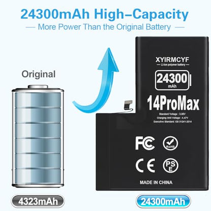 XYIRMCYF 24300mAh Super Capacity Battery Compatible with iPhone 14 Pro Max, 0 Cycle Li-Polymer Replacement Battery for iPhone 14 Pro Max, with Professional Repair Tool Kit - color: 14Promax-24300