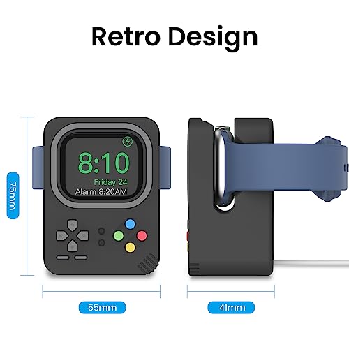Delidigi Silicone Charger Stand Dock for Apple Watch All Series | Ultra3/Ultra2/Ultra/11/10/9/8/7/6/5/4/3/SE3/SE2/SE1, Retro Game Console Design, Cable Management, Support Nightstand Mode - color: Black