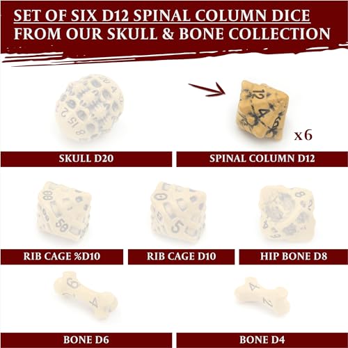 D12 Dice Set - Set of Six 12 Sided Dice - Skull & Bone Themed RPG Dice. Cool & Unique Gift and Compatible with Dungeons & Dragons (DND), D&D, Pathfinder, D and D (Ancient Bone Yellow) - color: Ancient Bone Yellow, style: Six D12