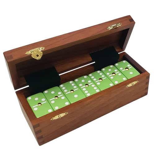 Marion Domino Double Six Lime Green Jumbo Tournament Professional Size with Spinners in Dovetail Sheesham Wood Box. - color: Lime Green