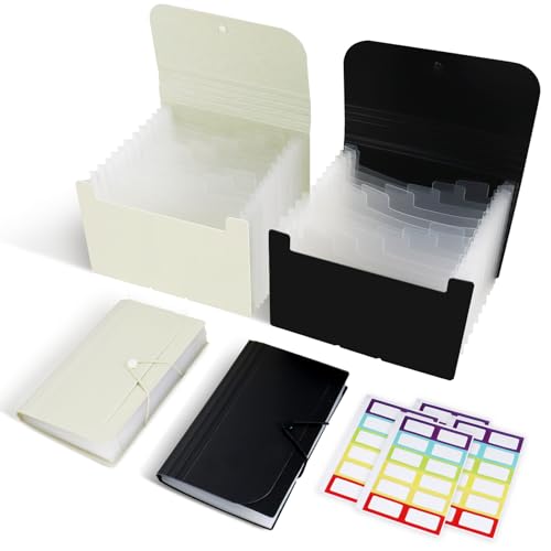 2 Pack 4x6 Inch Index Card Holder Organizer Box 3x5 Inch Flash Note Card File Box Recipe Storage Case with 13+13 Expandable Pocket and Label Sticker Large Capacity Coupon Receipt Organizer Book