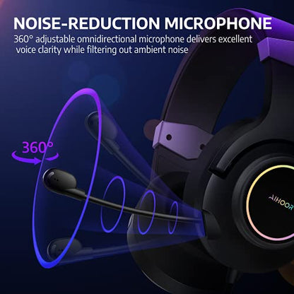 AIHOOR Gaming Headset with Virtual 7.1 Surround Sound,Over Ear Headphones,Noise Cancelling Microphone,Ultra-Low Latency Games & LED Light Soft Memory Protein Earmuffs for PC Mac Computer Games- Black