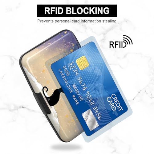 Credit Card Holder, Mini Aluminum Card Wallet RFID Blocking Slim Metal Hard Card Case for Women Men, Moonlight Cat - color: Moonlight Cat
