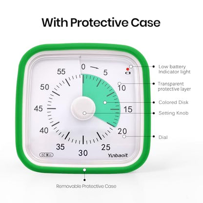 Visual Timer, Silent 60-min Countdown Timer for Kids, Green Green | Protective Case, Time Management Tool, Mute and Ringing Alarm Available, Low Power Reminder, for Study,Game,Work,Fitness etc - color: Dark Green