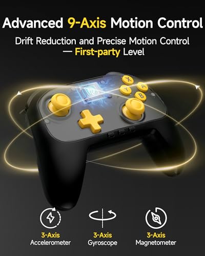 EasySMX S10 Lite Switch 2 Controller, Wireless Controller with One-Key Wake-Up, C Button, Turbo, 9-Axis Motion, Hall Effect Joysticks, 2 Back Buttons, HD Rumble, for Switch 2/Switch/PC/iOS/Android - color: black and yellow color-block