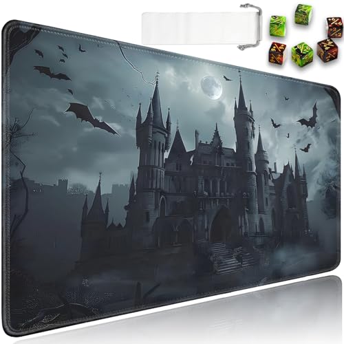 for MTG Playmat + Drawstring Travel Pouch + 6 Dice Counter, for Tabletop Trading Card Game Playmats or Mouse Pad, Anti-Slip Rubber 24 x 14 in, Dark Castle, Bat for TCG Playmat (No with Zone) - color: JV-Playmat-6-1-I233