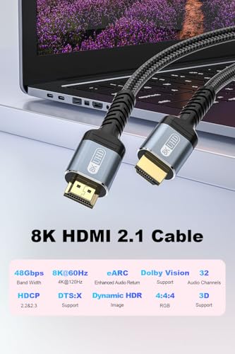 8K HDMI 2.1 Cable 10ft, 48Gbps [8K@60Hz, 4K@120Hz, 2K@240Hz] Ultra High Speed HDMI Cable Braided, eARC, Dynamic HDR, HDCP 2.2&2.3, 3D for TV/Laptop/Monitor/Projector/Xbox/PS5/PS4/Blu-ray - size: 10ft (Copper-Bidirectional)