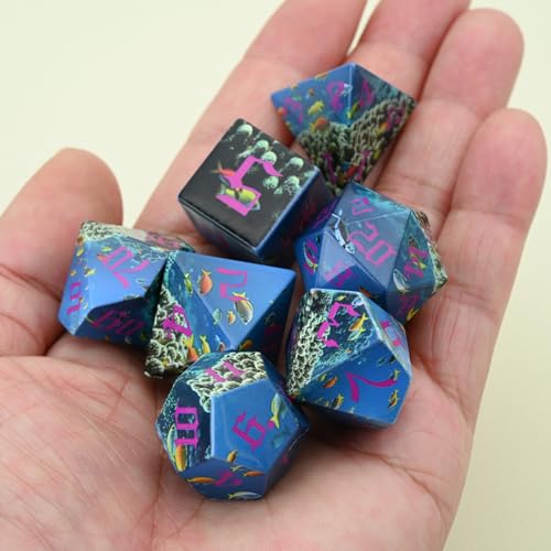Ocean Theme 7-Piece Resin Dice Set - Polyhedral Dice with Coral & Fish Design for Tabletop RPG, Fantasy Gaming & Role-Playing Game Accessories(Ocean World) - style: Ocean World
