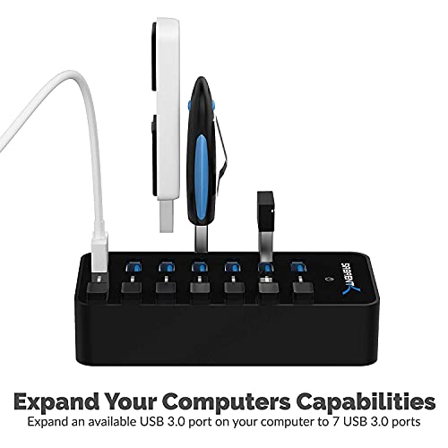 SABRENT 36W 7-Port Powered USB 3.0 Hub, Switches & LEDs (HB-BUP7) | Individual power switches + LEDs; includes 36W 12V/3A power adapter - size: 7-Port - 7 USB 3.0