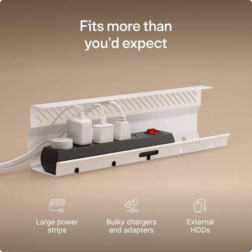 Desktronic Cable Duct Desk White Set of 2 - Stainless Steel Cable Management Desk Cable Duct with 5 Cable Cut-Outs - Easy to Install Cable Organiser - Cable Holder - color: White