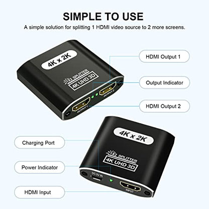 HDMI Splitter 1 in 2 Out, 4K@30Hz HDMI Splitter for Dual Monitors, Aluminum Powered HDM I Spliter for Mirror Screen,1x2 Duplicator Support 3D HD 1080P for Fire Stick Xbox PS Roku Blu-ray Cable Box