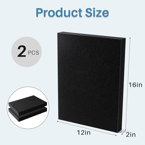 Black foam 2 pieces, 16 x 12 x 2 inches, Polyurethane Foam sheet, high-density foam padding, customizable foam insert for packaging foam, toolboxes, storage, crafts. (Black, 16x12x2inch) - size: 16x12x2inch