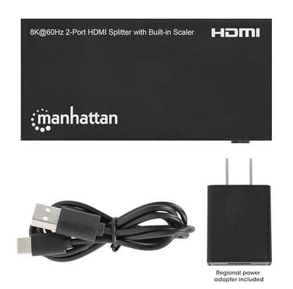 Manhattan HDMI Splitter with Scaler 1 in 2 Out, 8K 60Hz 4K 120Hz, EDID Control, HDR, HDCP 2.3, 48 Gbps, Metal Housing - 208468 - size: 1 In x 2 Out