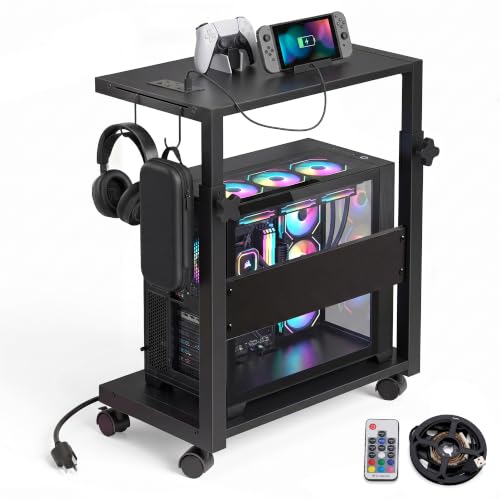 CPU Tower Stand, Rolling Holder with LED Strip & Charging Station | Mobile Rolling CPU Holder,Height Adjustable PC Tower Stand with Charging Station for Office Home Black - color: Black, size: 19.29'' × 11.42'