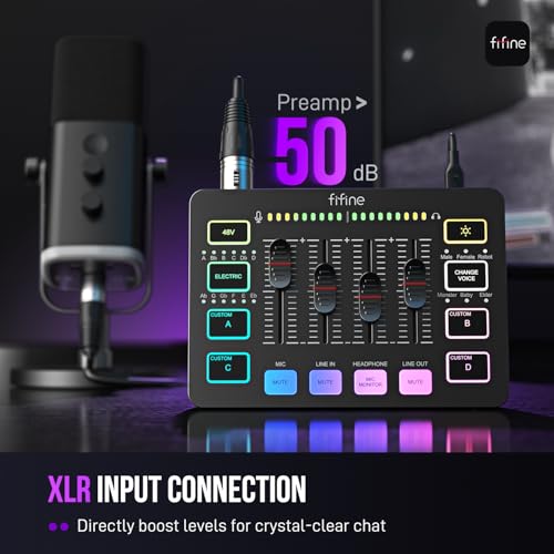 FIFINE Gaming Audio Mixer, Streaming RGB PC Mixer with XLR Microphone Interface, Individual Control, Volume Fader, Mute Button, 48V Phantom Power, for Podcast/Recording/Vocal/Game Voice-AmpliGame SC3 | USB PnP For PC,Mute Button,XLR Preamp,RGB,Voice chang