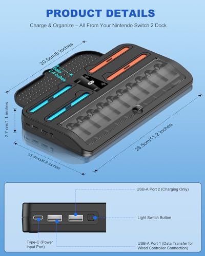 Upgraded Switch 2 Storage Dock for Nintendo Switch 2 Joycons&Console, [20 Game Card Slots] All-in-one Joy-Con 2 Charging Docks, Compact Organizer Station for Bedroom & Gaming Setup,L