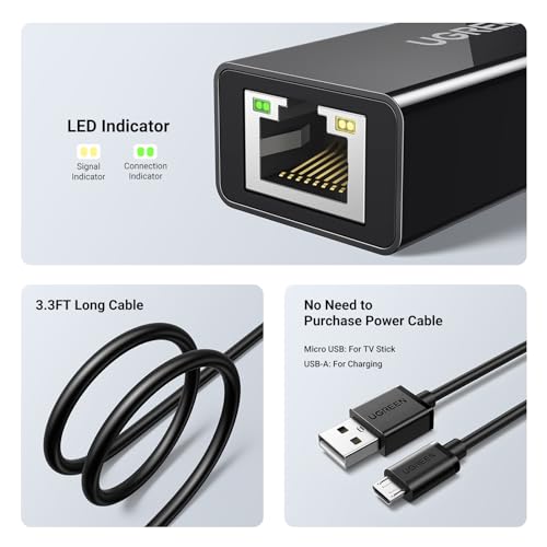 UGREEN Ethernet Adapter for Fire TV Stick, Micro USB to Ethernet Adapter with 3.3 ft Cable & Power Cord, Compatible for Fire Stick Basic/2nd/4k/Lite, Chromecast 1/2/3/Ultra/Audio, Plug & Play, 100Mbps