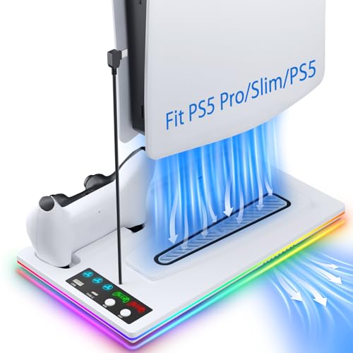 PS 5 Cooling Station Stand RGB with Dual Controller Charging Station for PS 5 Console, PS 5 Accessories Incl. Controller Charger, Cooling Fan, Headset Holder, 3 USB Hub - color: RGB-white