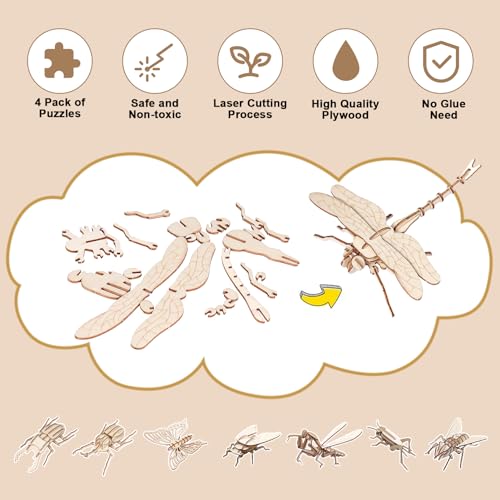 ELX Wooden 3D Puzzles for Kids 6+, 8 Piece Set Insect Animal Models, Wood Building Kits DIY Wooden Crafts Stem Toys peresents for Kids and Adults - style: 3D-Insects