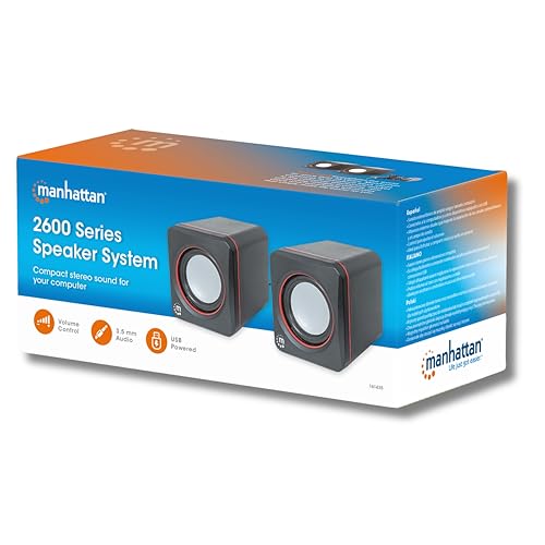 Manhattan USB Powered Stereo Speaker System - Small Size - with Volume Control & 3.5 mm Aux Audio Plug to Connect to Laptop, Notebook, Desktop, Computer - 3 Yr Mfg Warranty - Black Orange, 161435 | Powered desktop sound pair with analog input, 90 Hz-20 kH