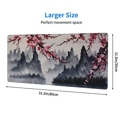 Japanese Sakura Watercolor Painting Extended Mouse Pad 31.5x11.8 Inch Cherry Blossom Flower Non-Slip Rubber Base Mousepad Stitched Edges Keyboard Mouse Mat with Stitched Edges for Gaming and Office - color: Cherry Blossom 2