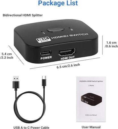 8K Bi-Directional HDMI Switch 2 in 1 Out, 4K@120Hz 8K@60Hz HDMI Splitter Switch, Supports HDR, 3D, Dolby for PS4/5, HD TV