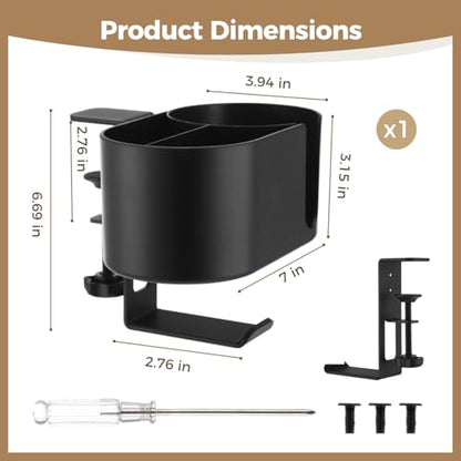 2-in-1 Desk Cup Holder Clamp with Headphone Hanger, Clip On Desk Organizer for Drinks and Headsets, No Drill Install ABS Caddy, Fits Cups Under 3.54 in for Gaming or Office Desks