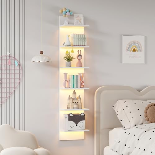Qupui 6-Tier Wall Shelf with LED Remote, 57" Floating Storage, White | RGB 22 Modes 6 Brightness. Remote Control. Waterproof Particleboard. 6 Tiers, 57" Tall. For Bedroom, Living Room, Game Room - color: Narrow White